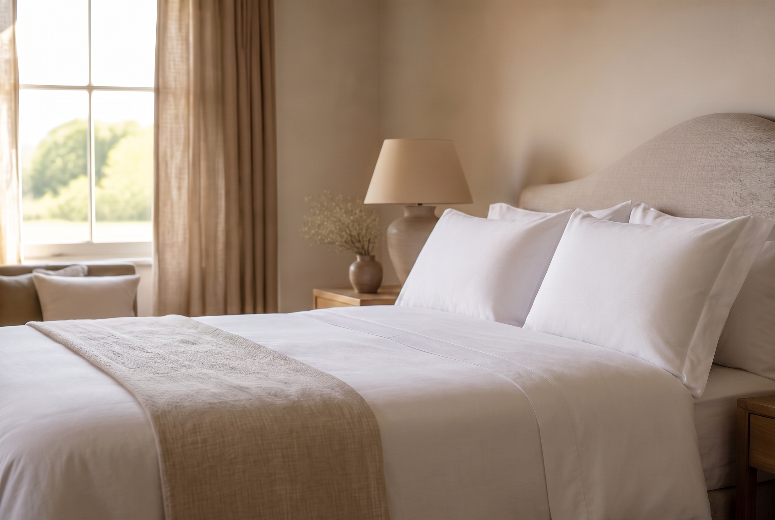 A bed dressed in crisp white Mallow cotton bedlinen in morning light