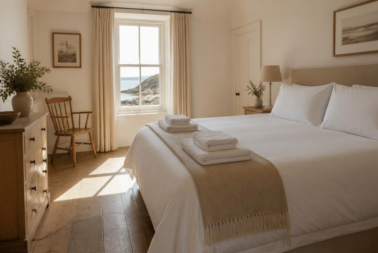 Guest bedroom in a Devon holiday cottage dressed with Mallow linen and towels