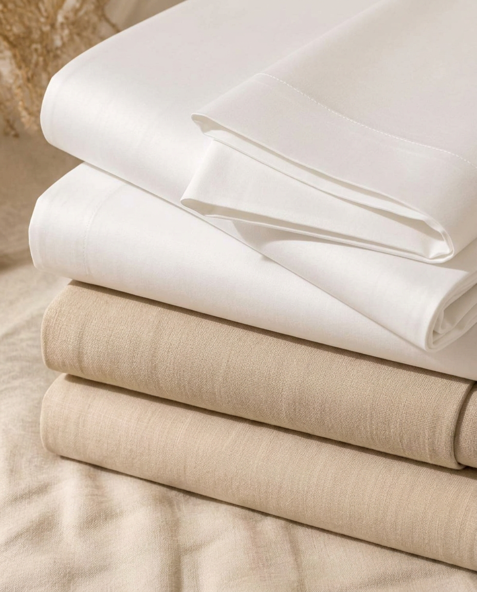 Folded stack of Mallow cotton bed sheets
